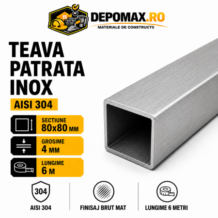 Teava patrata inox AISI 304, 80 x 80 x 4 mm, 6 metri